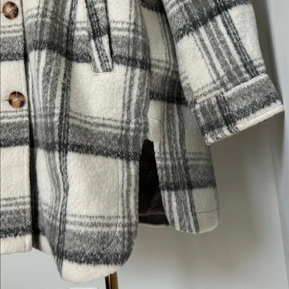 Long Faux Wool Shacket/Jacket Gray & Ivory/White Large Plaid Pattern Lined Large - Picture 3 of 12